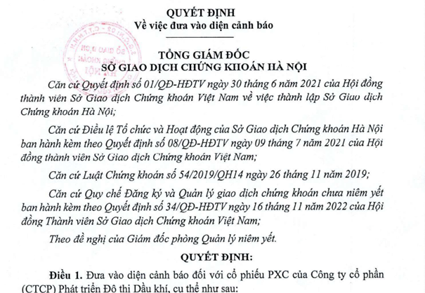 Quyết định đưa cổ phiếu PXC vào diện cảnh báo Quyết định đưa cổ phiếu PXC vào diện cảnh báo