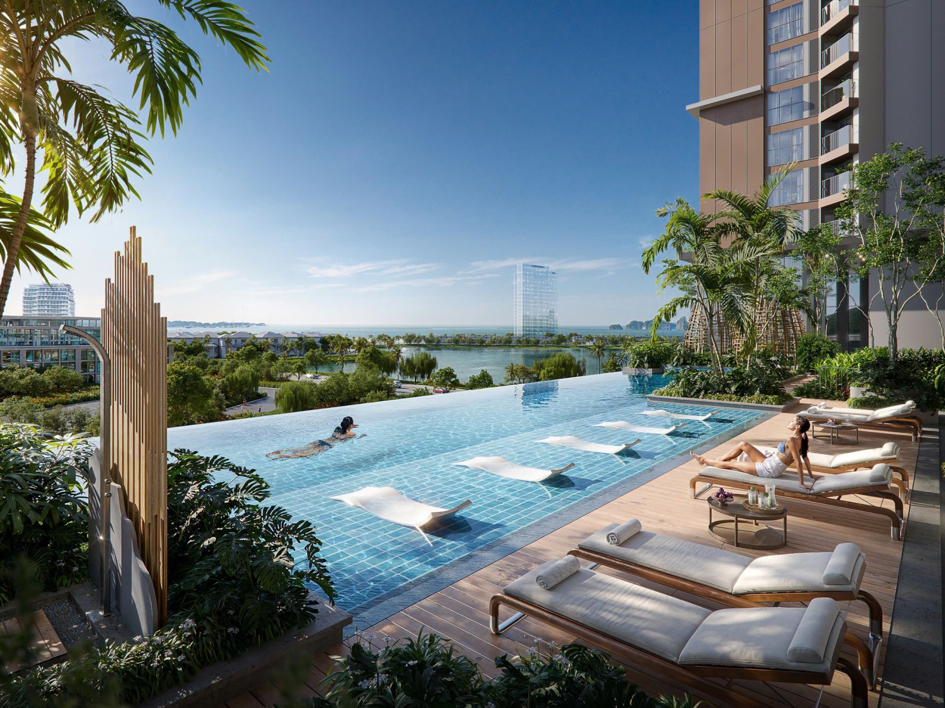 Bể bơi vô cực SkyM có chiều dài hơn 50m – tương đương tiêu chuẩn chuyên nghiệp, ôm trọn tầm nhìn ra kỳ quan vịnh biển. Bể bơi vô cực SkyM có chiều dài hơn 50m – tương đương tiêu chuẩn chuyên nghiệp, ôm trọn tầm nhìn ra kỳ quan vịnh biển.