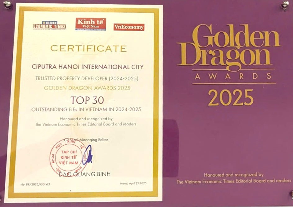 Khu đô thị Quốc tế Ciputra Hanoi nhận Giải thưởng Rồng Vàng 2025. Ảnh: Ciputra Hanoi Khu đô thị Quốc tế Ciputra Hanoi nhận Giải thưởng Rồng Vàng 2025. Ảnh: Ciputra Hanoi