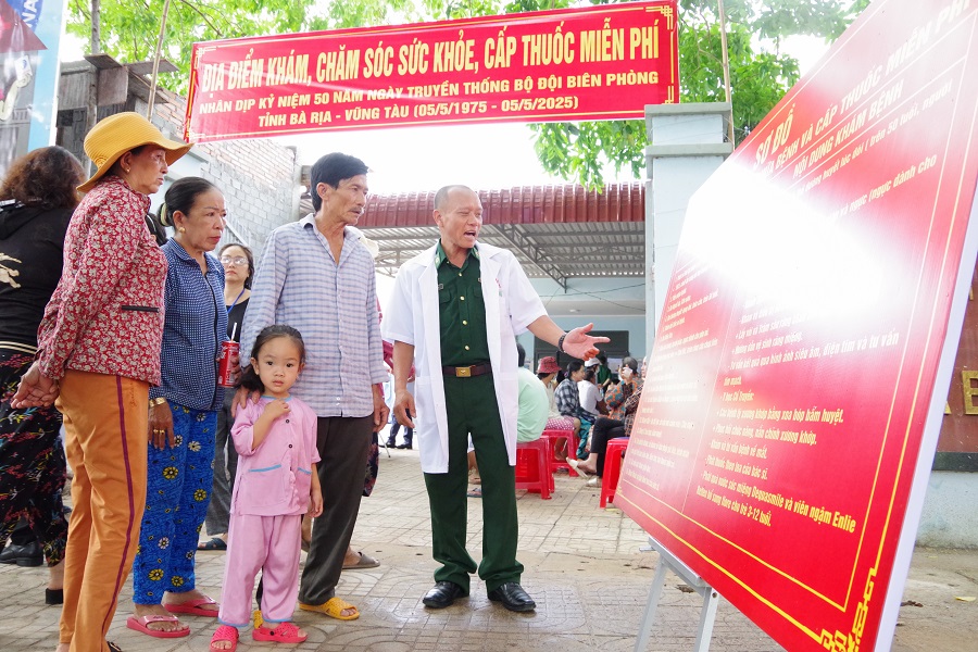 Lực lượng Quân y BĐBP tỉnh Bà Rịa – Vũng Tàu giới thiệu, thông tin sơ đồ các bước và nội dung khám chữa bệnh và cấp thuốc miễn phí cho người dân đến khám.