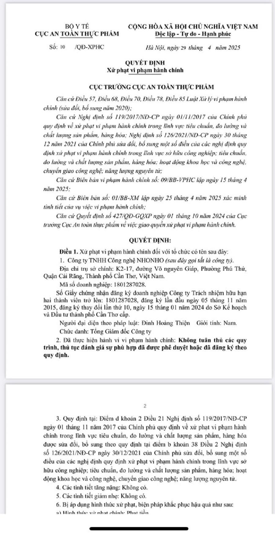 Quyết định xử phạt vi phạm hành chính đối với Công ty TNHH Công nghệ NHONHO