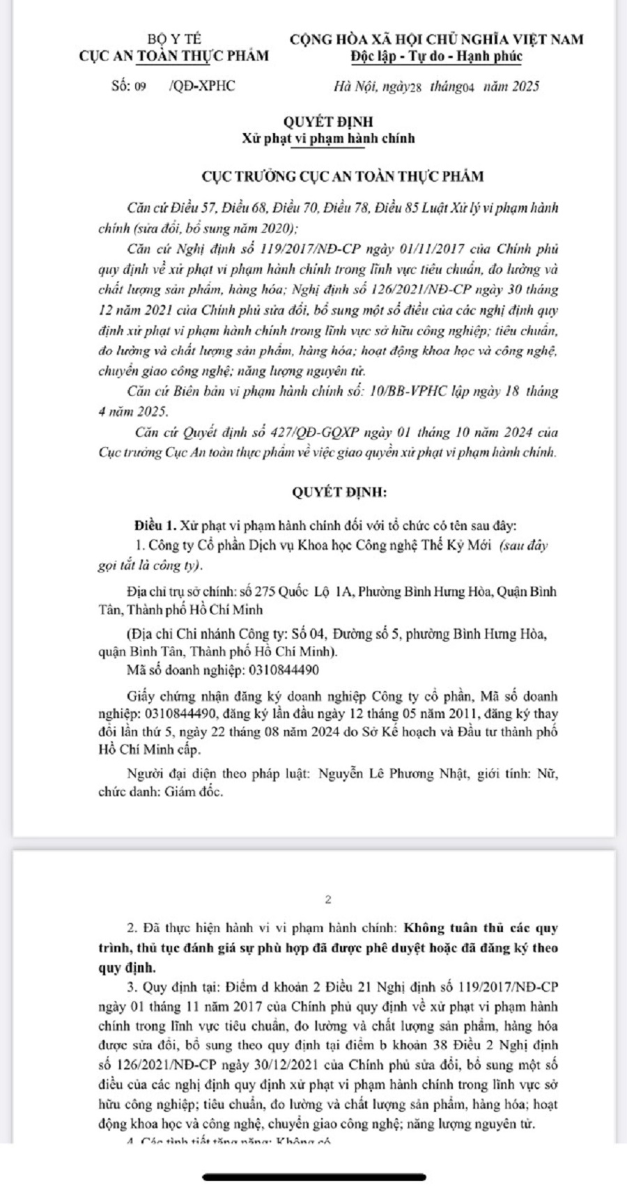 Quyết định xử phạt vi phạm hành chính đối với Công ty CP DV KHCN Thế Kỷ Mới