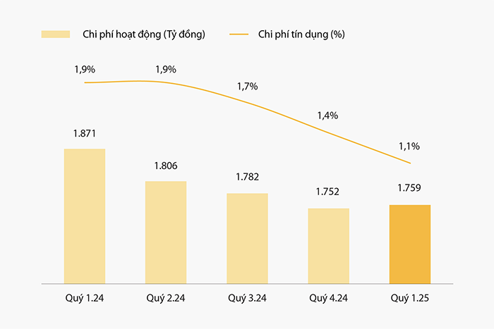 Chi phí hoạt động của VIB và chi phí dự phòng từ quý 1/2024 – quý 1/2025