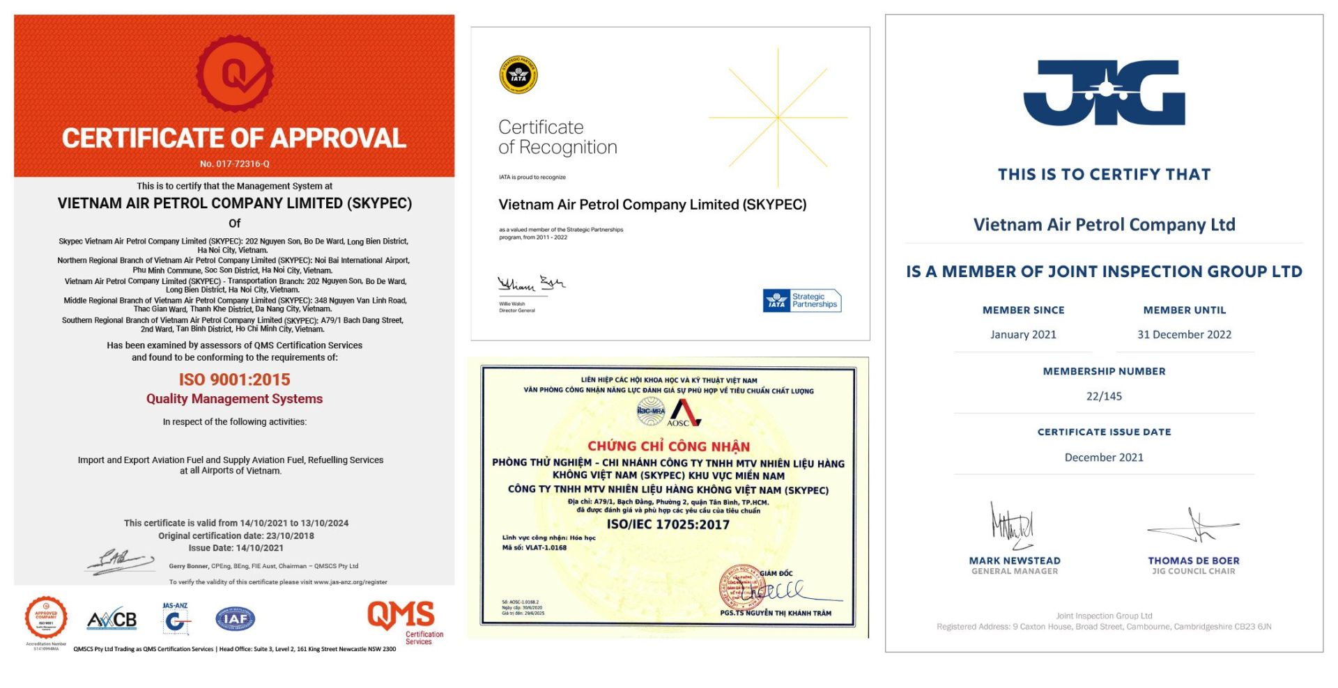 Hệ thống của SKYPEC được quản lý, kiểm soát/đánh giá bởi các tổ chức quốc tế và trong nước