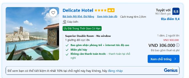 Delicate Hotel chưa từng được cấp hạng sao, nhưng vẫn hiển thị ở mức 4 sao trên website bán phòng.