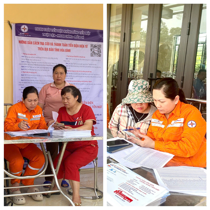 Tại xã Hợp Đồng (huyện Kim Bôi), công nhân hỗ trợ người dân trong việc thanh toán tiền điện không dùng tiền mặt