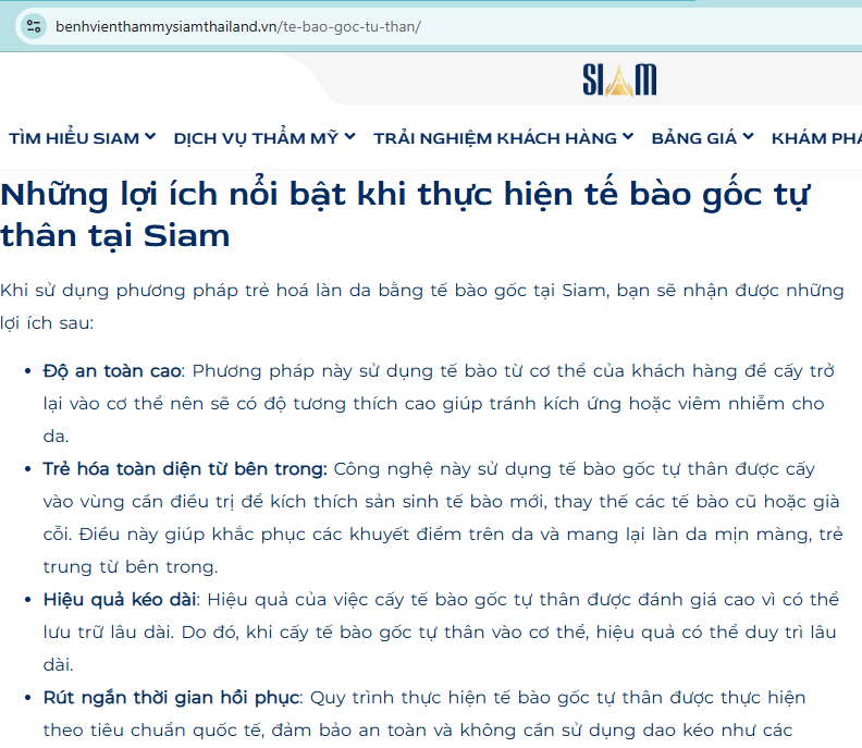 Bệnh viện thẩm mỹ Siam Thailand quảng cáo làm đẹp bằng tế bào gốc tự thân