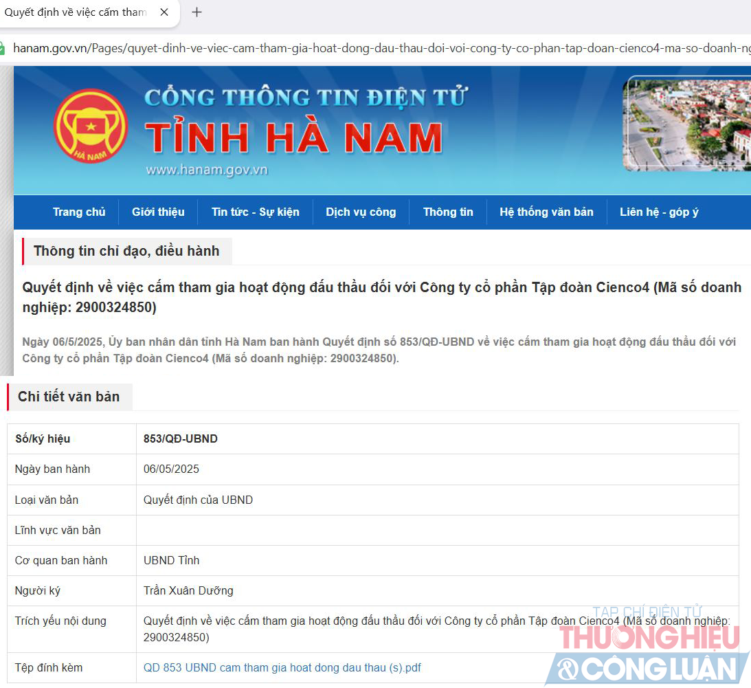 Thông báo về việc cấm tham gia hoạt động đấu thầu đối với Công ty cổ phần Tập đoàn CIENCO4 trên Cổng thông tin điện tử tỉnh Hà Nam. (Ảnh chụp màn hình)