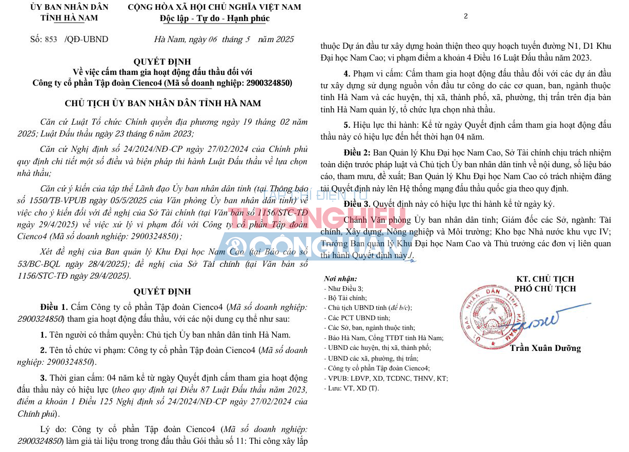Ngày 6/5/2025, UBND tỉnh Hà Nam đã đã ban hành quyết định cấm Công ty cổ phần Tập đoàn CIENCO4 tham gia hoạt động đấu thầu đối với các dự án đầu tư xây dựng sử dụng ngồn vốn đầu tư công trong vòng 4 năm. (Ảnh chụp màn hình)