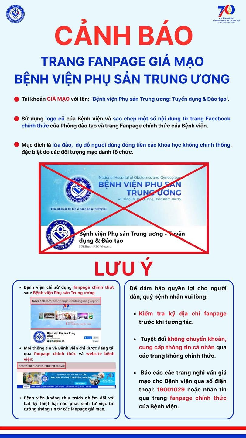 Trang fanpage giả mạo Bệnh viện Phụ sản Trung Ương. Ảnh Bệnh viện cung cấp. Trang fanpage giả mạo Bệnh viện Phụ sản Trung Ương. Ảnh Bệnh viện cung cấp.