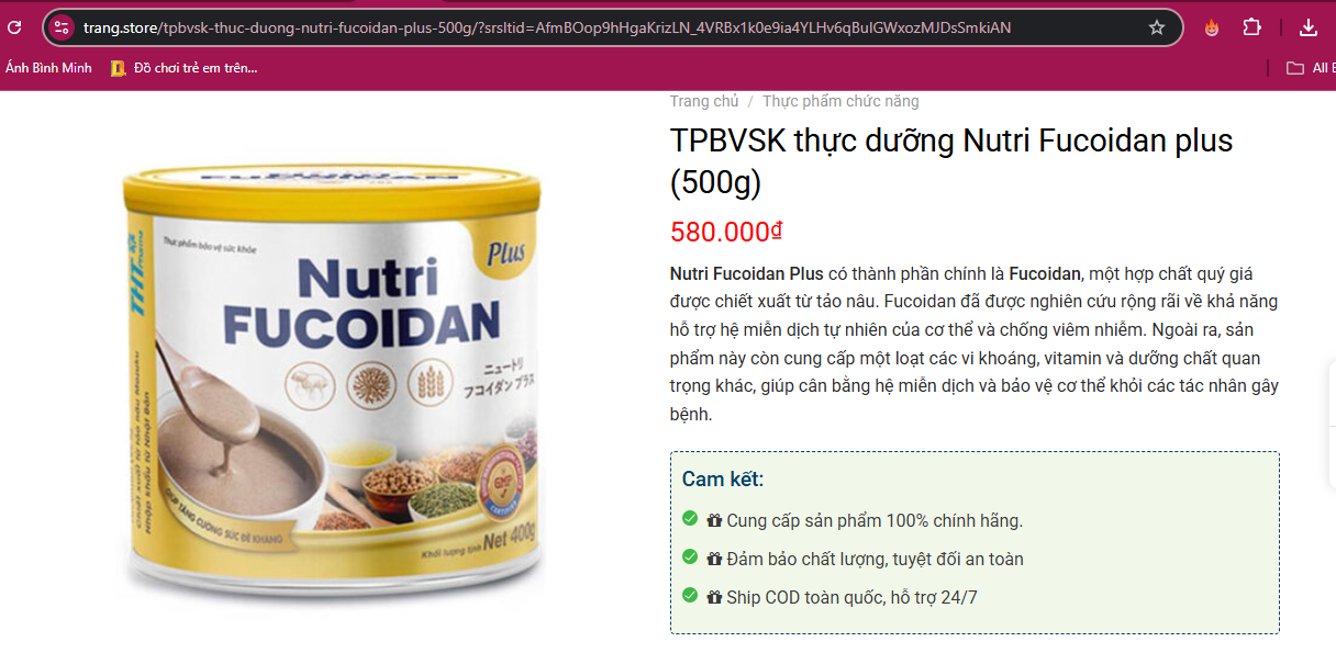 Sản phẩm Nutri Fucoidan Plus được bán với giá bán hơn 500.000 đồng/1 hộp. Ảnh: Chụp màn hình