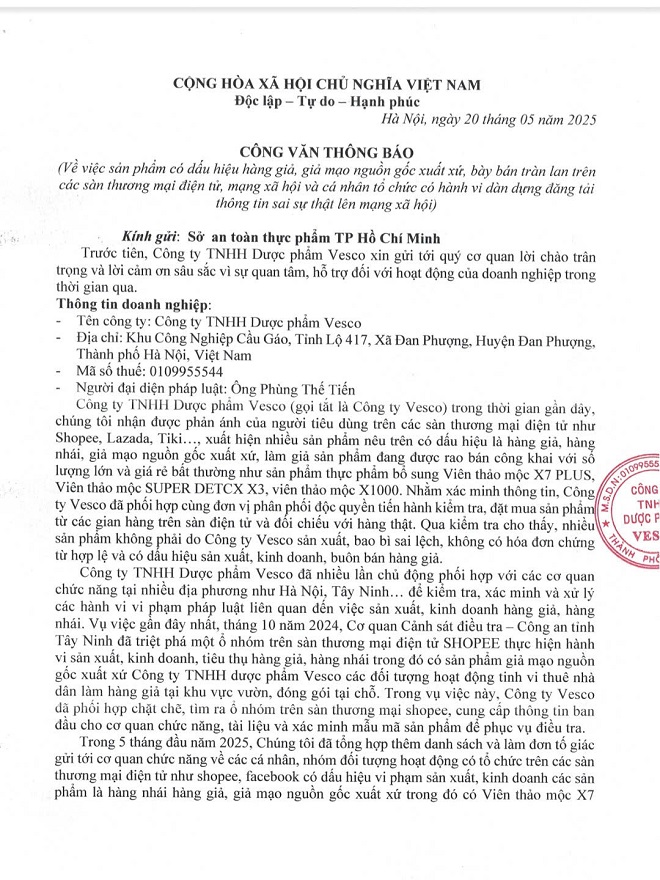 Vesco đã có văn bản gửi Sở An toàn thực phẩm TP Hồ Chí Minh Vesco đã có văn bản gửi Sở An toàn thực phẩm TP Hồ Chí Minh
