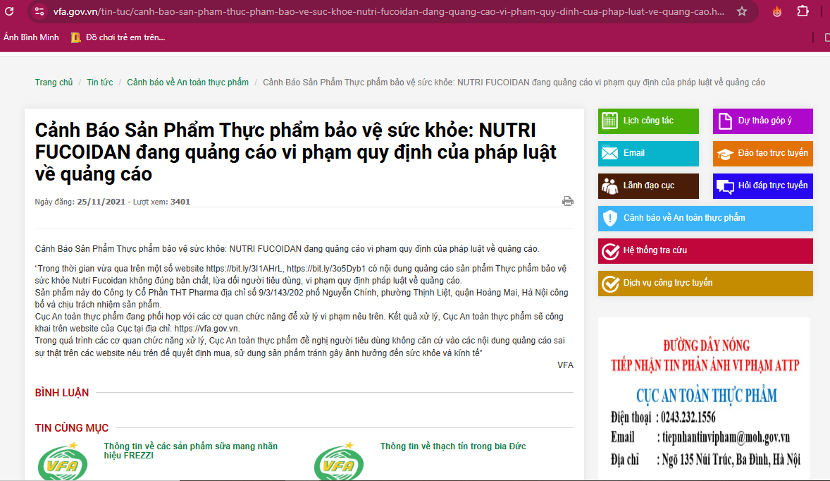 Cục An toàn thực phẩm cũng đã phát đi cảnh báo: Nutri Fucoidan đang quảng cáo vi phạm quy định của pháp luật về quảng cáo.
