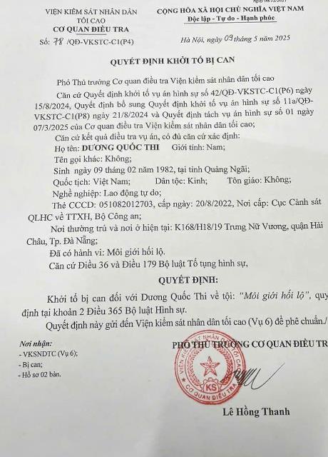 Quyết định khởi tố bị can của Cơ quan điều tra Viện KSND Tối cao đối với ông Dương Quốc Thi