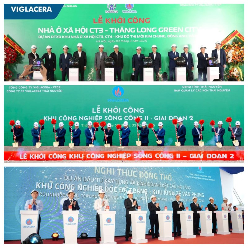Lễ khởi công từ trên xuống: Dự án nhà ở xã hội CT3 - Khu đô thị Thăng Long Green city ( Kim Chung, Đông Anh, Hà Nội), Lễ khởi công KCN Sông Công II - giai đoạn 2 (tỉnh Thái Nguyên), Lễ động thổ dự án KCN Dốc Đá Trắng tại Khu kinh tế Vân Phong (tỉnh Khánh Hòa)