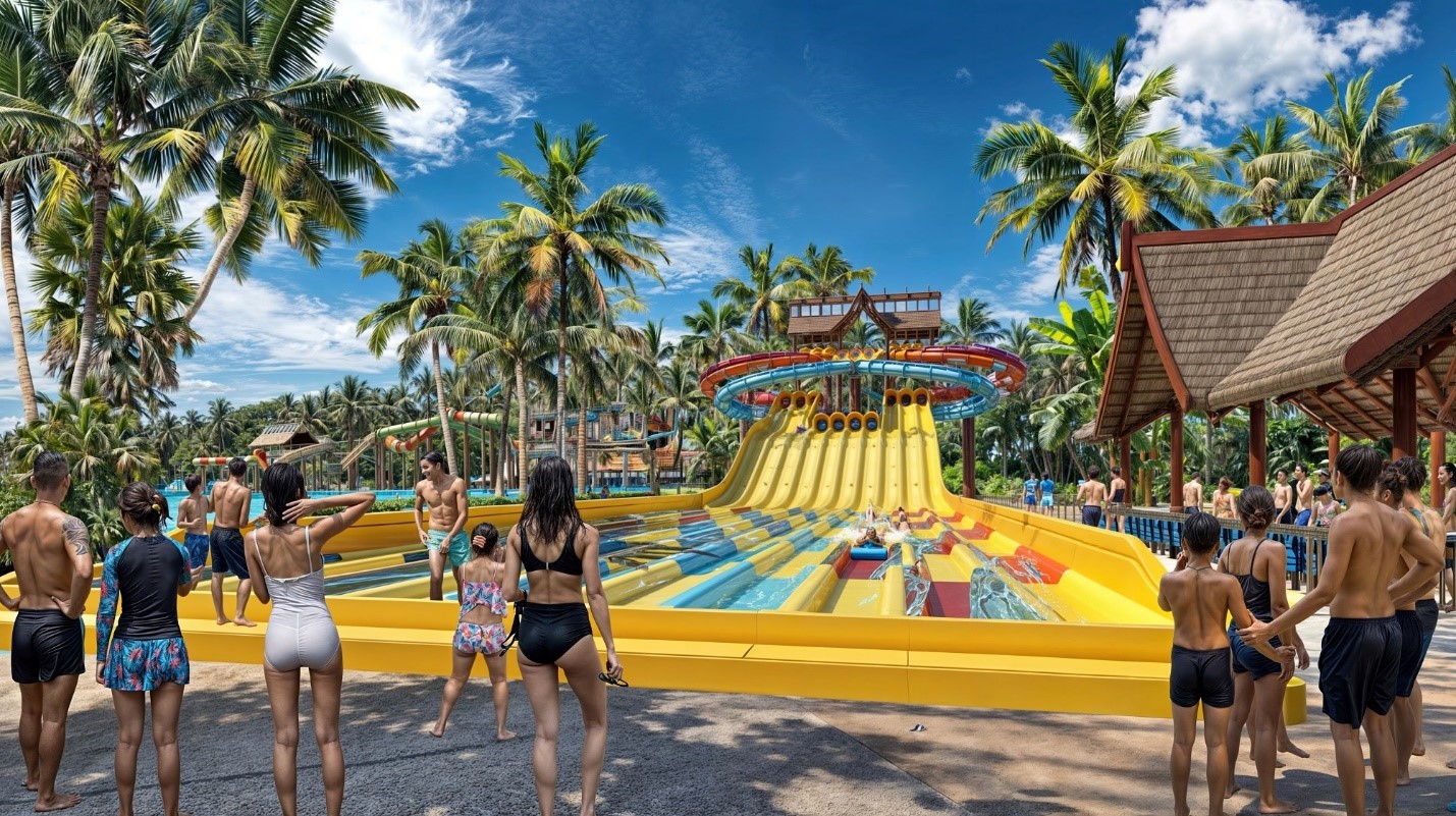 Công viên quy tụ 21 trò chơi nước đỉnh cao đầu tiên ở Đông Nam Á, với trò chơi tàu lượn siêu tốc phiên bản nước (chiều dài đường trượt gần 350m) Công viên quy tụ 21 trò chơi nước đỉnh cao đầu tiên ở Đông Nam Á, với trò chơi tàu lượn siêu tốc phiên bản nước (chiều dài đường trượt gần 350m)