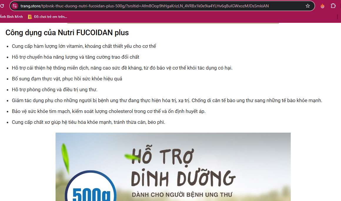 Website “trang.store” quảng cáo về công dụng của sản phẩm Nutri Fucoidan Plus. Ảnh: Chụp màn hình Website “trang.store” quảng cáo về công dụng của sản phẩm Nutri Fucoidan Plus. Ảnh: Chụp màn hình