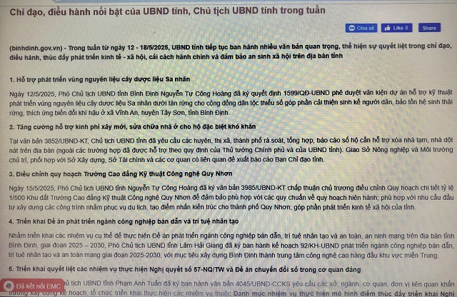 Danh mục “chỉ đạo, điều hành nổi bật” của UBND tỉnh, Chủ tịch UBND tỉnh Bình Định. Ảnh: VH Danh mục “chỉ đạo, điều hành nổi bật” của UBND tỉnh, Chủ tịch UBND tỉnh Bình Định. Ảnh: VH