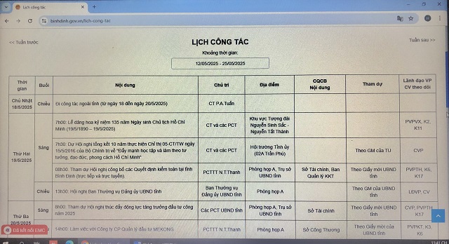 “Lịch công tác” của UBND tỉnh Bình Định từ 18/5 đến 23/5. Ảnh: VH “Lịch công tác” của UBND tỉnh Bình Định từ 18/5 đến 23/5. Ảnh: VH