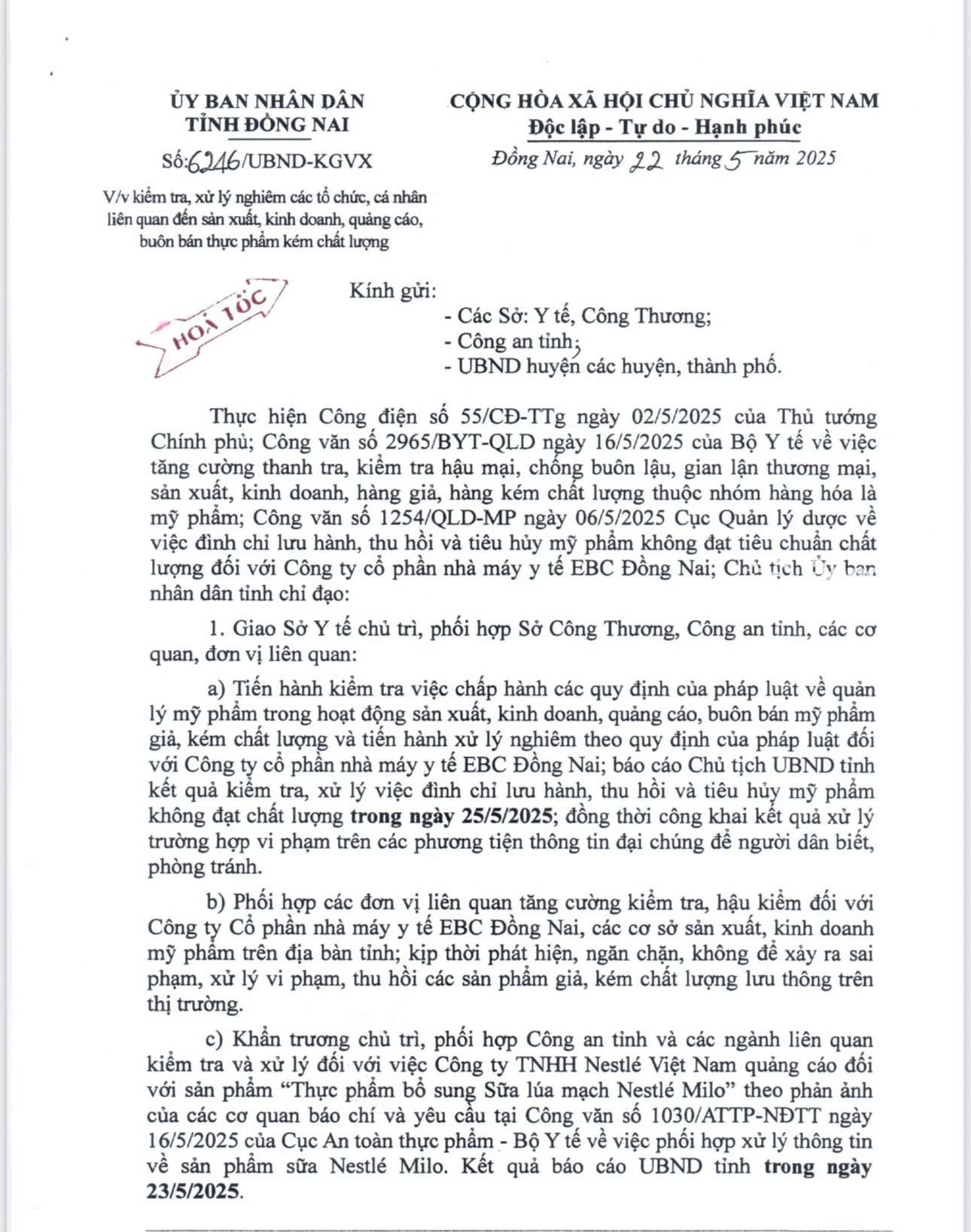 Một phần văn bản chỉ đạo hỏa tốc của Chủ tịch UBND tỉnh Đồng Nai về việc kiểm tra, xử lý nghiêm các tổ chức, cá nhân liên quan đến sản xuất, kinh doanh, quảng cáo, buôn bán thực phẩm kém chất lượng