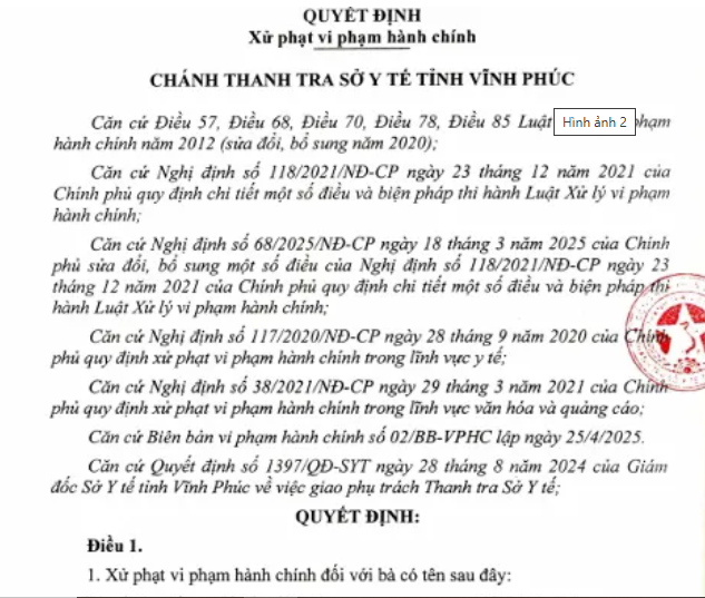 Quyết định số 03/QĐ-XPHC về việc xử phạt vi phạm hành chính đối với chủ cơ sở Viện trị liệu MB cơ sở Vĩnh Phúc. Ảnh: Lương Giang Quyết định số 03/QĐ-XPHC về việc xử phạt vi phạm hành chính đối với chủ cơ sở Viện trị liệu MB cơ sở Vĩnh Phúc. Ảnh: Lương Giang