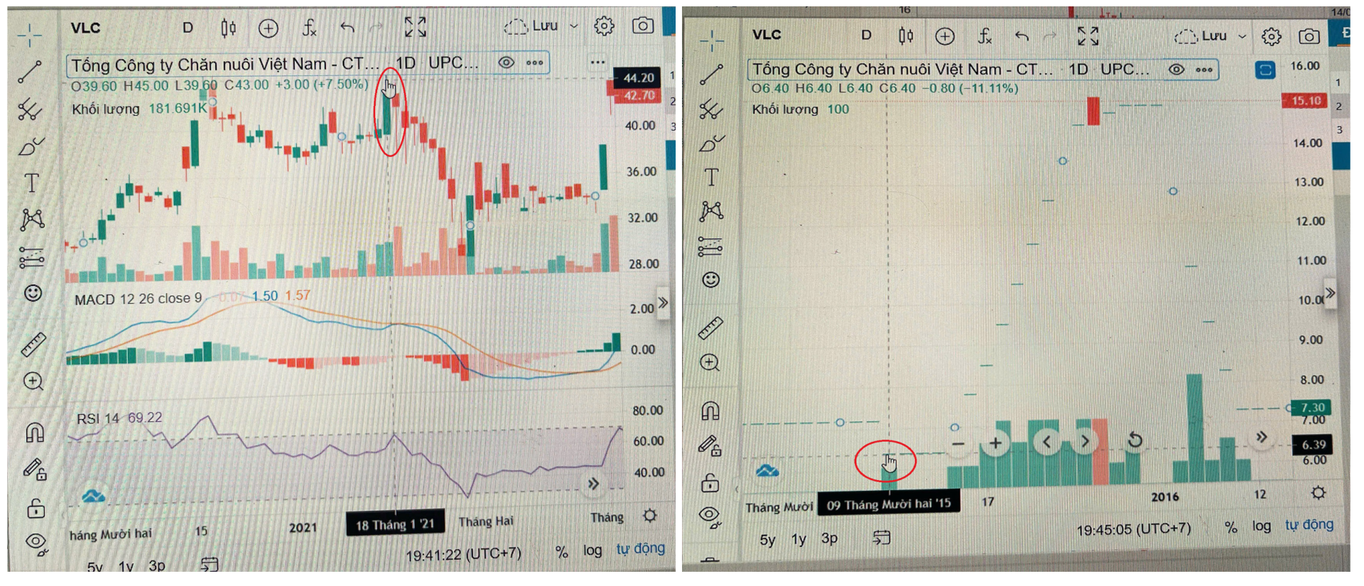 Cổ phiếu VLC đã đạt đỉnh (mức giá cao nhất) là 44.600 VNĐ/cổ phiếu tại phiên giao dịch ngày 18/1/2021 và chạm đáy (giảm xuống mức thấp nhất) là 6,390 VNĐ/cổ phiếu kết thúc phiên giao dịch ngày 9/12/2015.