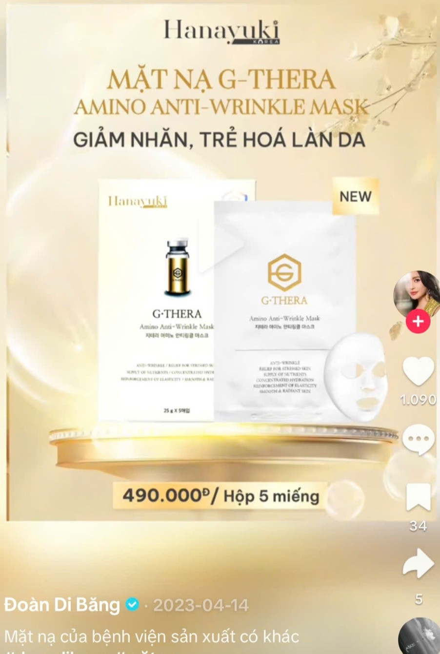 Loại mặt nạ G-Thera Amino Anti- Wrinkle Mask được giới thiệu trên trang TikTok cá nhân của Đoàn Di Băng. Ảnh chụp màn hình