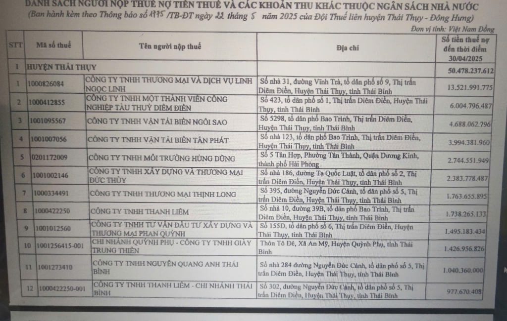 Công bố danh sách nợ thuế trên địa bàn huyện Đông Hưng, tỉnh Thái Bình. Ảnh: Chụp màn hình