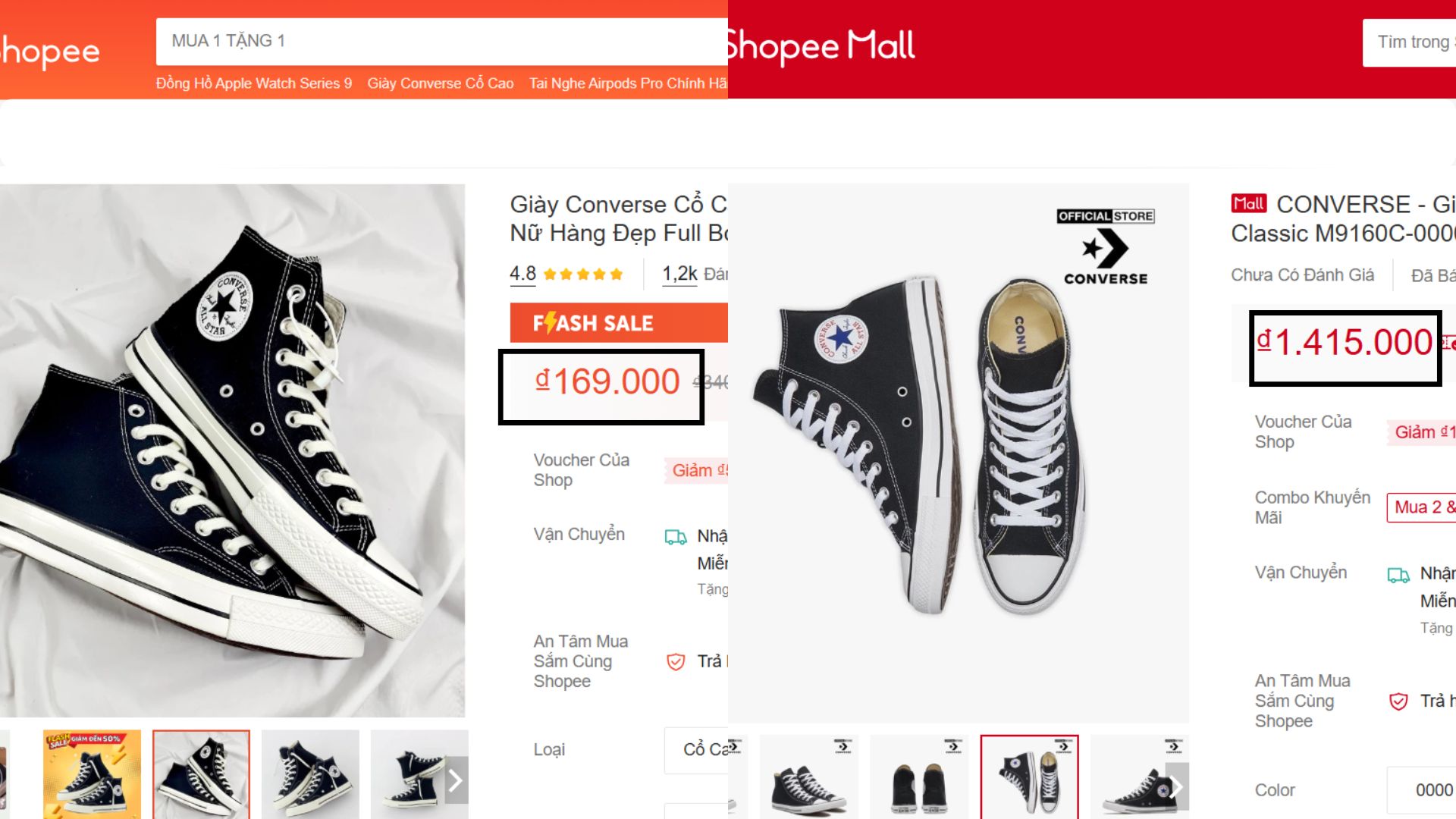 Giá giày CONVERSE chênh lệch rõ rệt trên các sàn thương mại điện tử