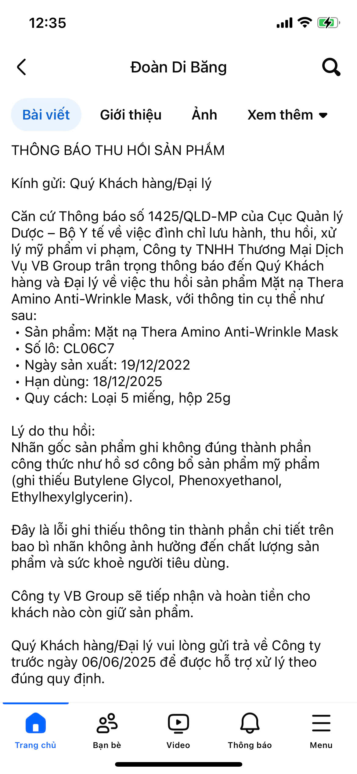 Ca sĩ Đoàn Di Băng đăng thông báo về việc thu hồi sản phẩm mặt nạ G-Thera Amino Anti-Wrinkle Mask thu hút trên tài khoản facebook với 1,9 triệu người theo dõi