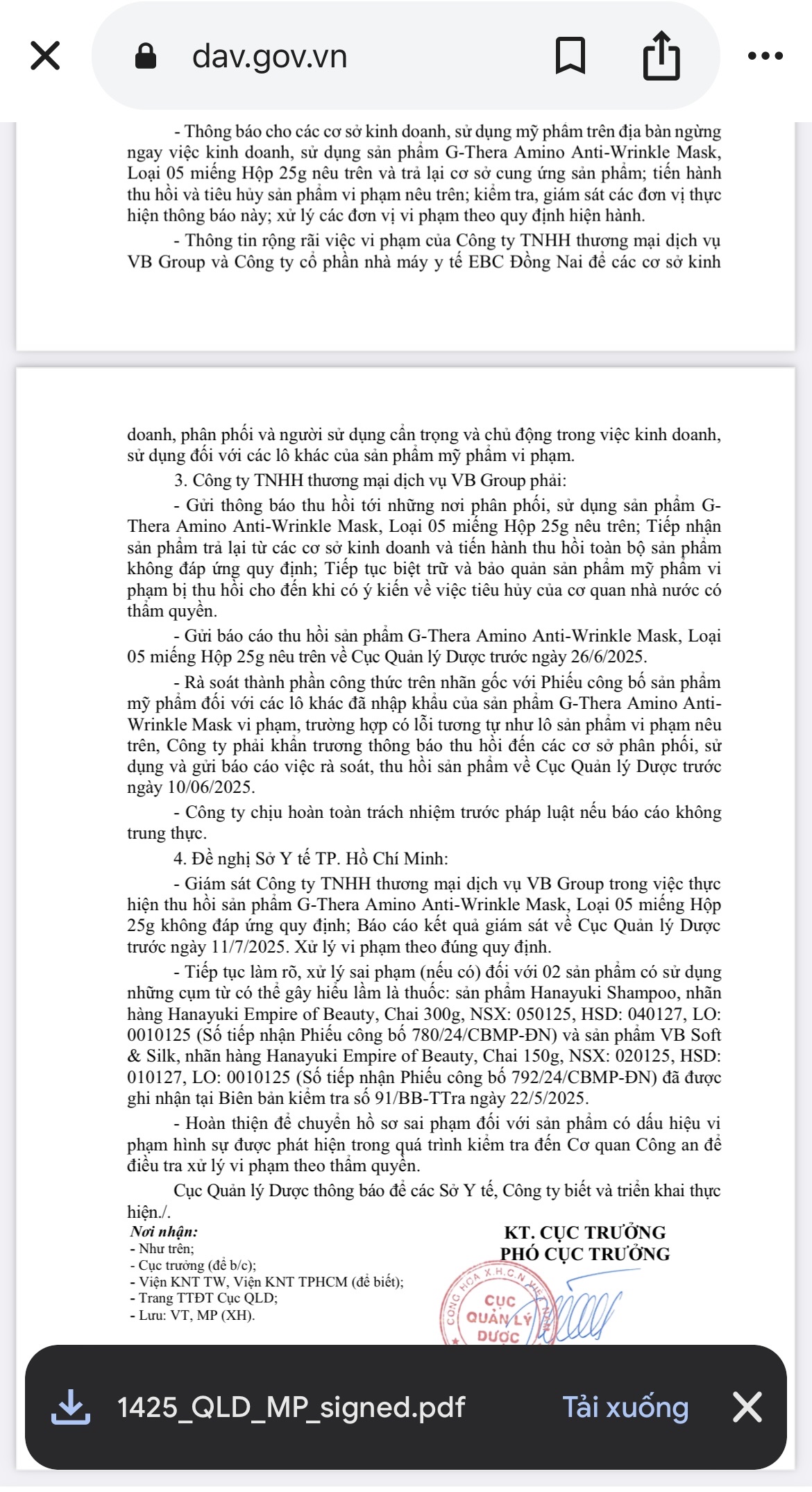 Văn bản thu hồi sản phẩm ghi không đúng thành phần công thức như hồ sơ công bổ sản phẩm mỹ phẩm