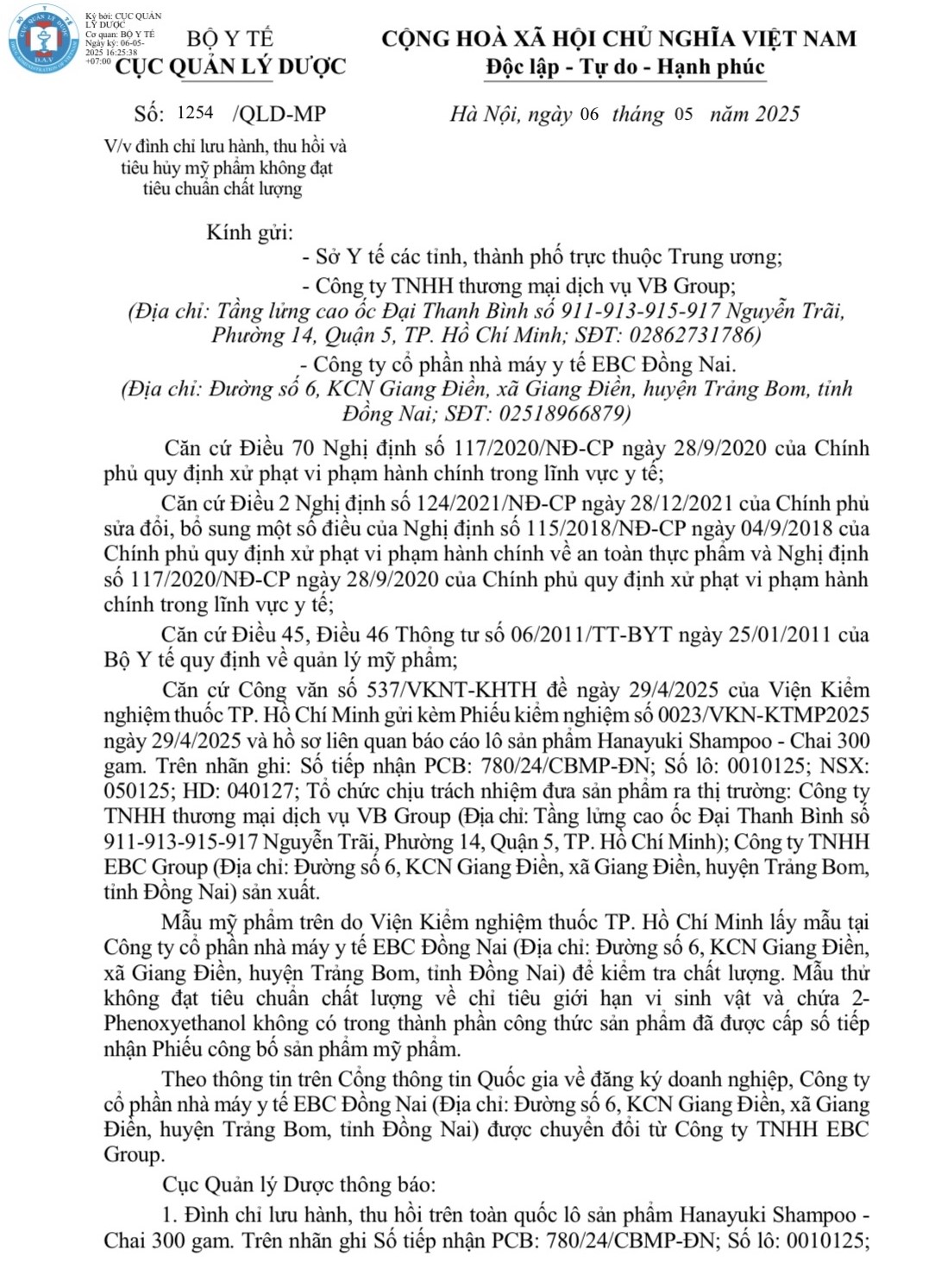 Một phần Công văn số 1254/QLD-MP về việc đình chỉ lưu hành, thu hồi và tiêu hủy mỹ phẩm Hanayuki Shampoo - Chai 300 gam. Ảnh: Chụp màn hình Một phần Công văn số 1254/QLD-MP về việc đình chỉ lưu hành, thu hồi và tiêu hủy mỹ phẩm Hanayuki Shampoo - Chai 300 gam. Ảnh: Chụp màn hình