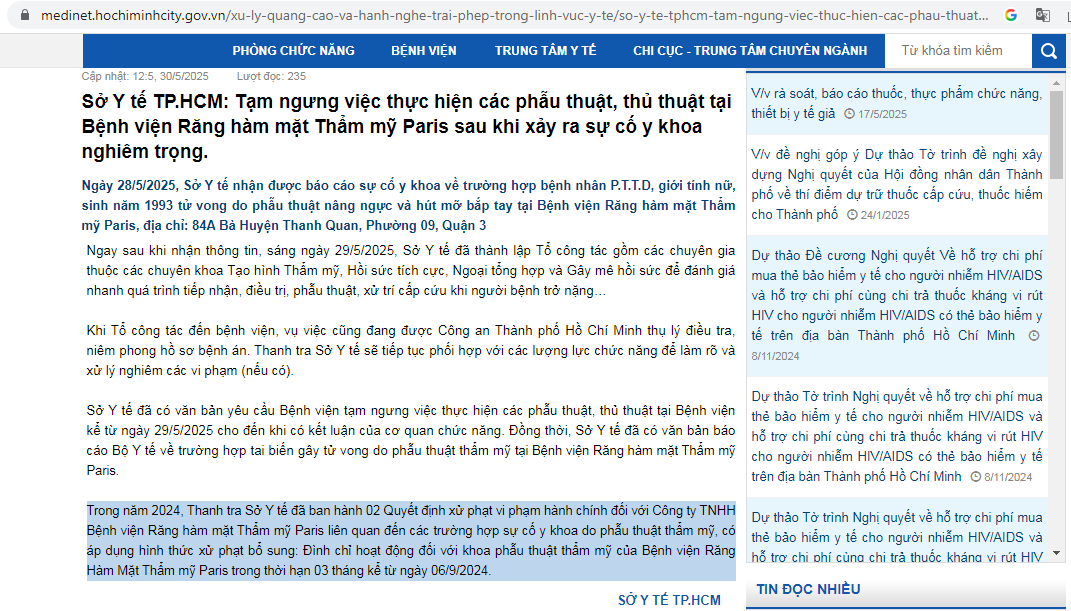 Sở Y tế TP. HCM tiếp tục thông tin về vụ việc