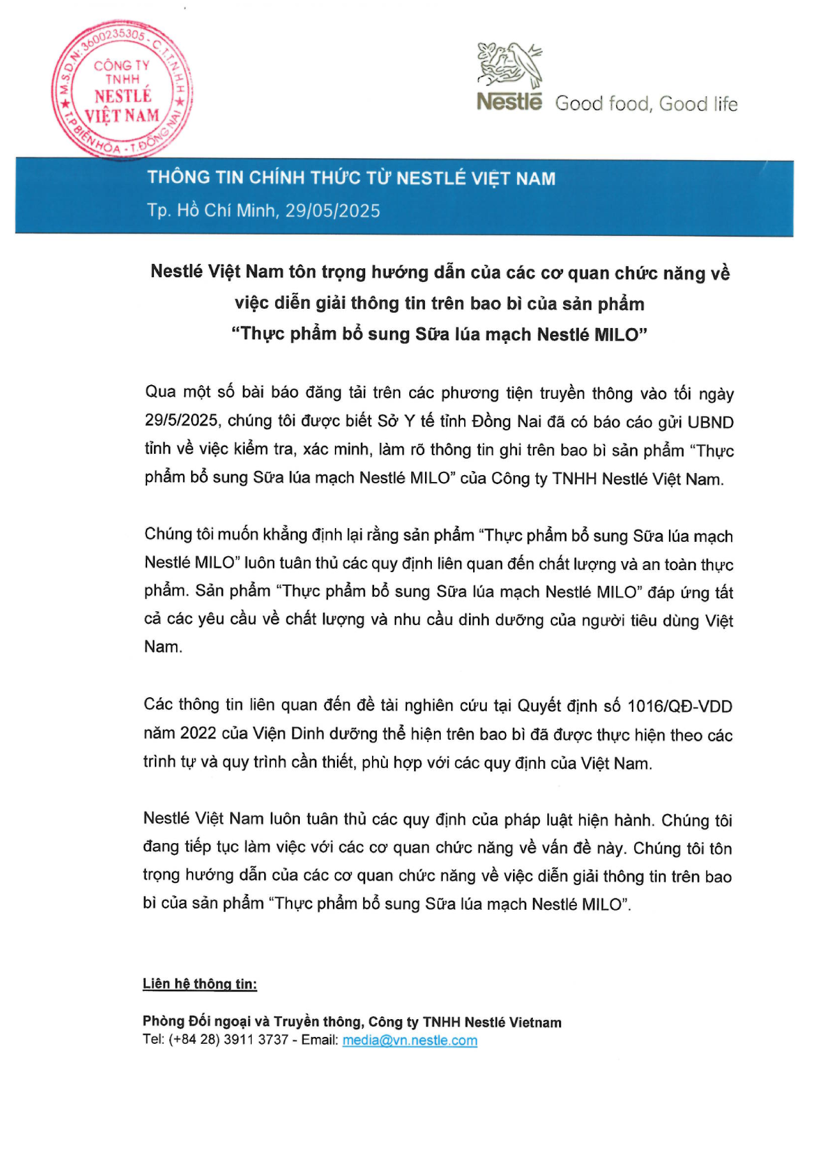 Nestlé Việt Nam đã có thông báo chính thức để làm rõ thông tin ghi trên bao bì sản phẩm “Thực phẩm bổ sung Sữa lúa mạch Nestlé MILO”.