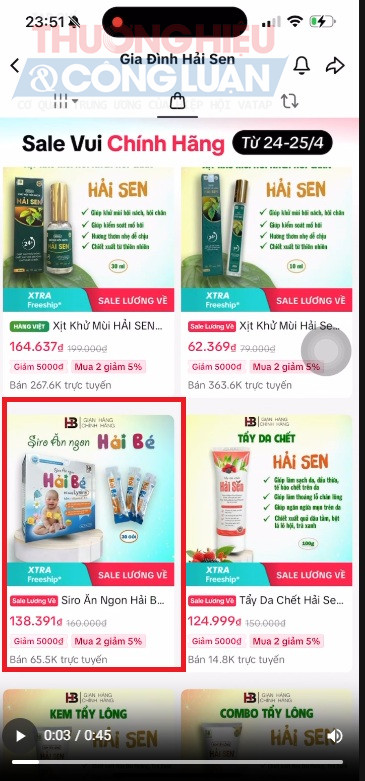 Giỏ hàng trên tài khoản Tiktok Shop có tên Gia Đình Hải Sen sản phẩm Siro ăn ngon Hải Bé có lượng đơn hàng bán ra đạt trên 65.000 đơn trực tuyến