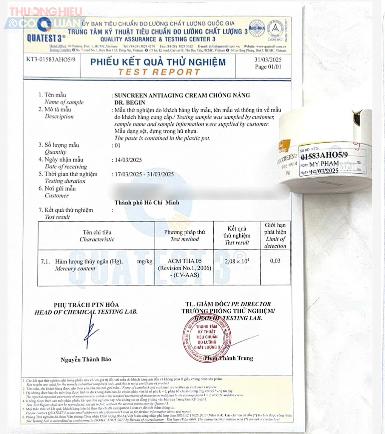 Phiếu kết quả thử nghiệm sản phẩm DR BEGIN Phiếu kết quả thử nghiệm sản phẩm DR BEGIN