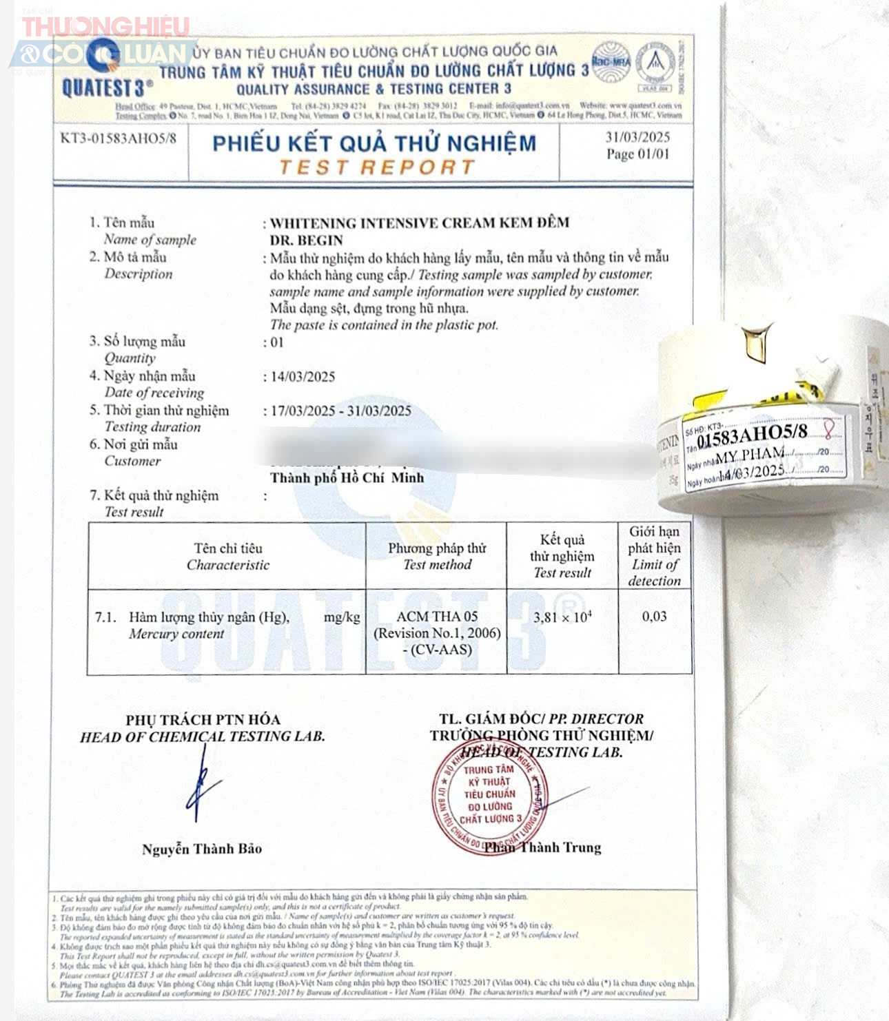 Phiếu kết quả thử nghiệm sản phẩm DR BEGIN Phiếu kết quả thử nghiệm sản phẩm DR BEGIN