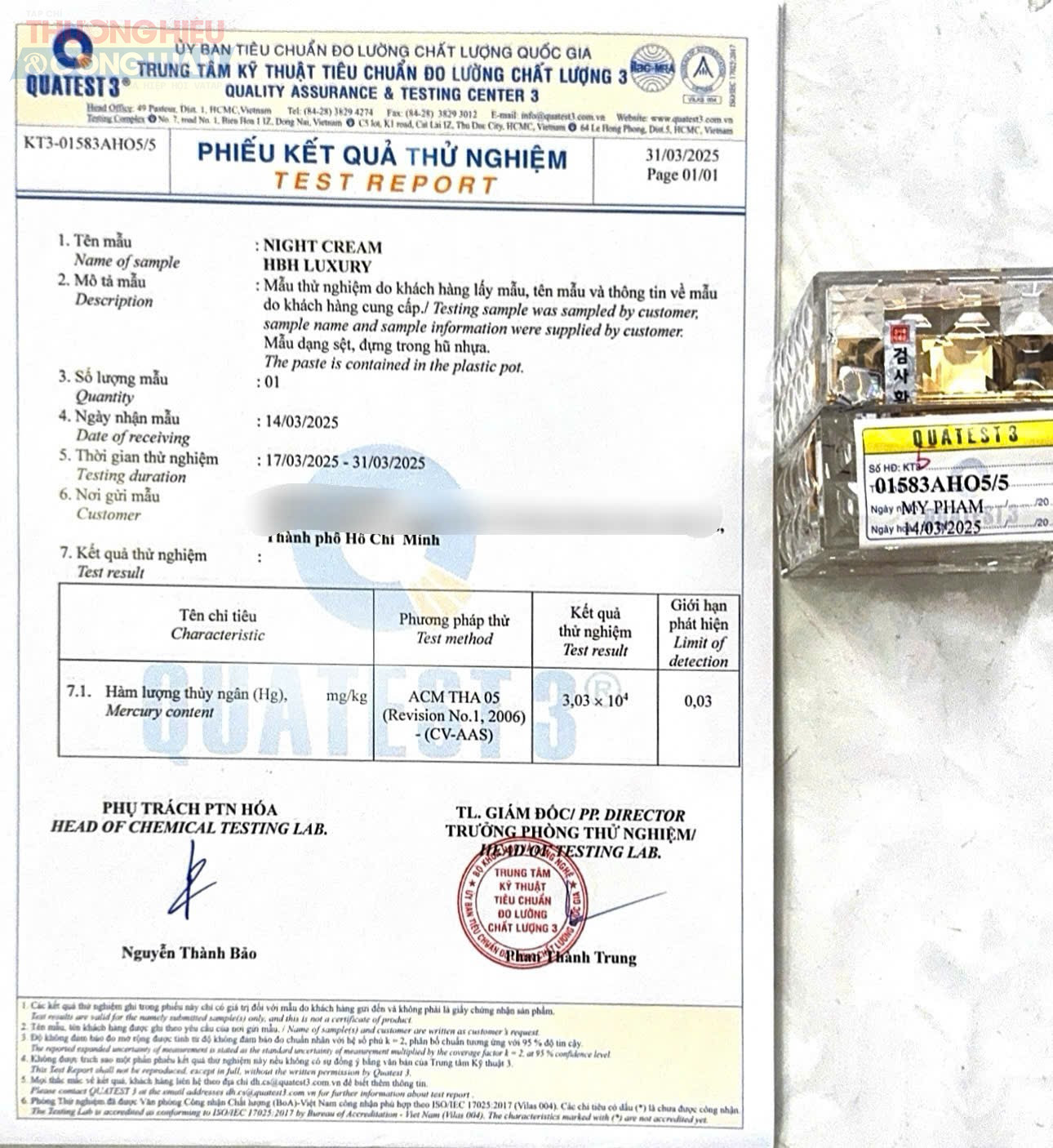 Phiếu kiểm nghiệm kết quả sản phẩm H.B.H LUXURY Phiếu kiểm nghiệm kết quả sản phẩm H.B.H LUXURY