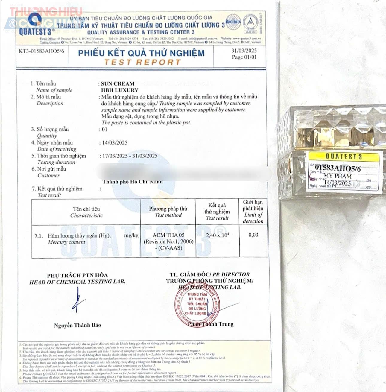 Phiếu kiểm nghiệm kết quả sản phẩm H.B.H LUXURY Phiếu kiểm nghiệm kết quả sản phẩm H.B.H LUXURY