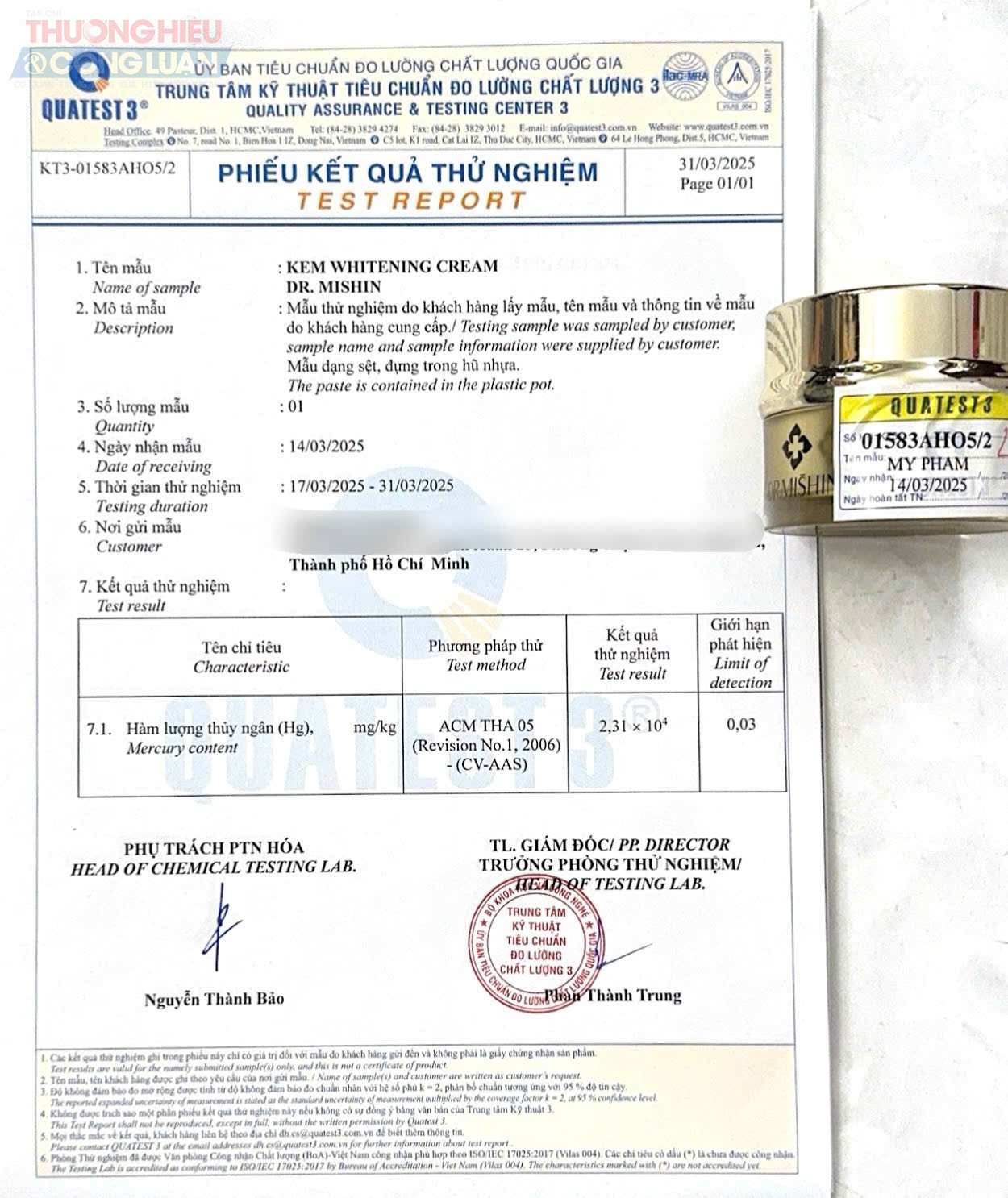 Phiếu kết quả thử nghiệm sản phẩm DR MISHIN Phiếu kết quả thử nghiệm sản phẩm DR MISHIN