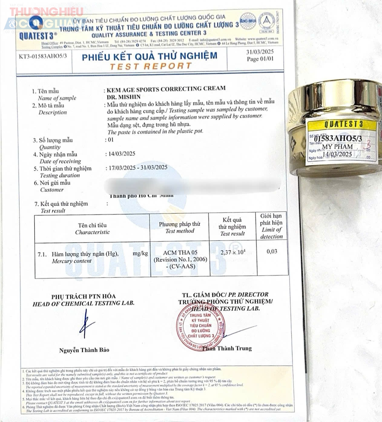 Phiếu kết quả thử nghiệm sản phẩm DR MISHIN Phiếu kết quả thử nghiệm sản phẩm DR MISHIN