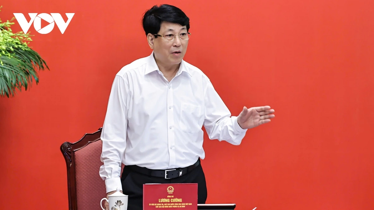 Chủ tịch nước Lương Cường, Chủ tịch Hội đồng Quốc phòng và An ninh chủ trì Phiên họp thứ 6 Hội đồng Quốc phòng và An ninh nhiệm kỳ 2021 - 2026. Ảnh: TTXVN