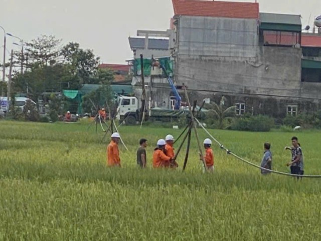 Đội trưởng Bùi Văn Tuyến cùng các đồng nghiệp khắc phục sự cố lưới điện thành phố Đông Triều, sau bão số 3 (Yagi)