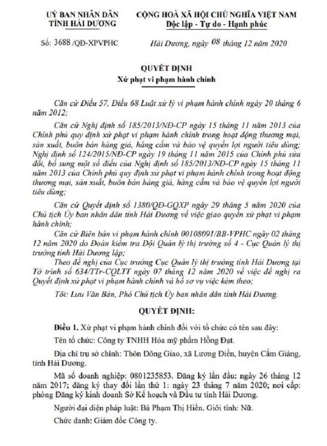 Quyết định xử phạt vi phạm h&agrave;nh ch&iacute;nh