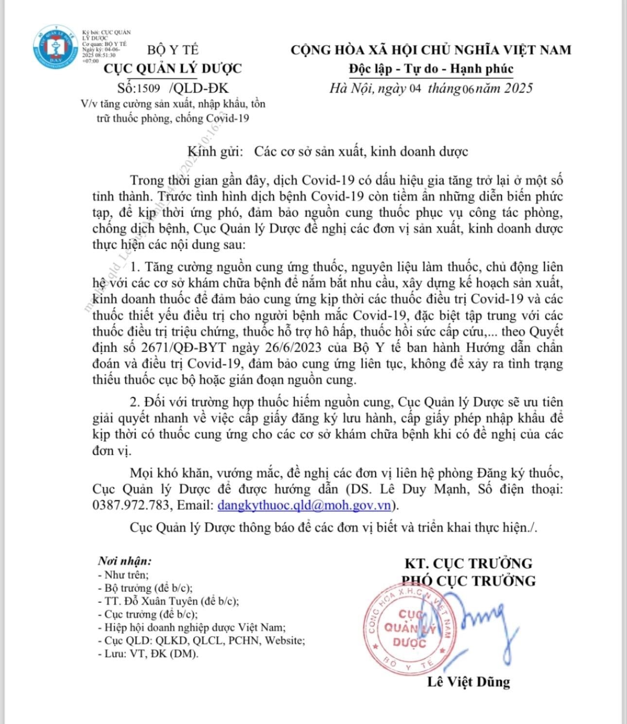 Văn bản của Cục Quản lý Dược (Bộ Y tế). Ảnh: Chụp màn hình
