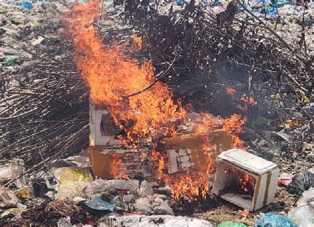 Cận cảnh việc tiêu huỷ 80kg thịt heo đông lạnh. Ảnh: PY Cận cảnh việc tiêu huỷ 80kg thịt heo đông lạnh. Ảnh: PY