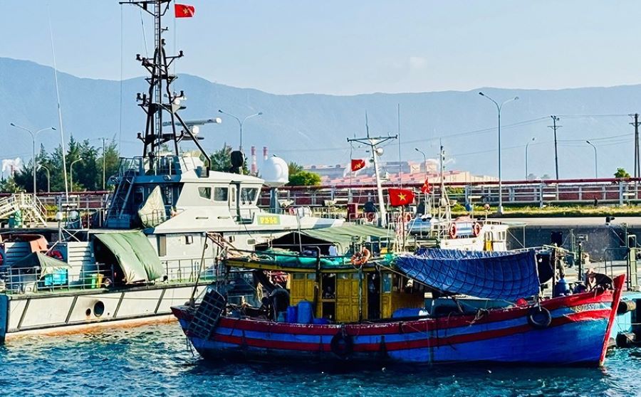 Lực lượng chức năng bắt giữ tàu cá Nghệ An đưa vào Cảng Sơn Dương chờ xử lý.