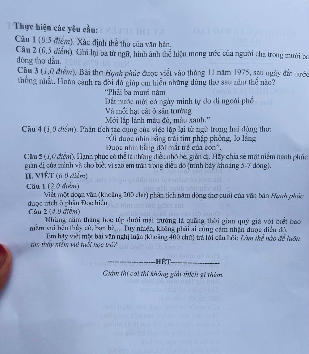 Đề thi ngữ văn, kỳ thi tuyển sinh vào lớp 10 THPT công lập, năm học 2025 - 2026 của TP. Hà Nội. Ảnh: KT
