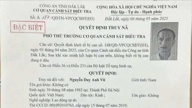 Cơ quan Cảnh sát điều tra phát lệnh truy nã đối tượng Nguyễn Duy Anh Vũ Cơ quan Cảnh sát điều tra phát lệnh truy nã đối tượng Nguyễn Duy Anh Vũ