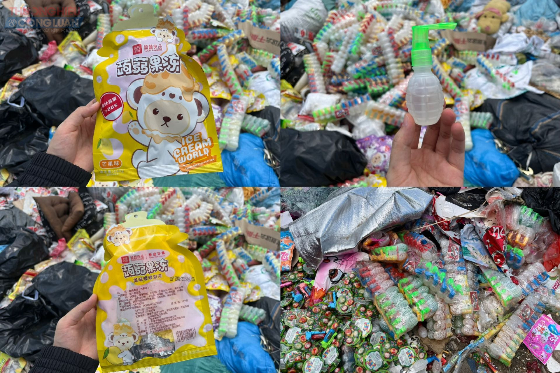 Một số bao bì cho thấy đây là các mặt hàng không rõ nguồn gốc, có nhãn Trung Quốc hoặc không có hạn sử dụng. Đây rất có thể là hàng giả, hàng nhái, hoặc hàng quá hạn bị tuồn ra ngoài tiêu hủy không đúng quy định.